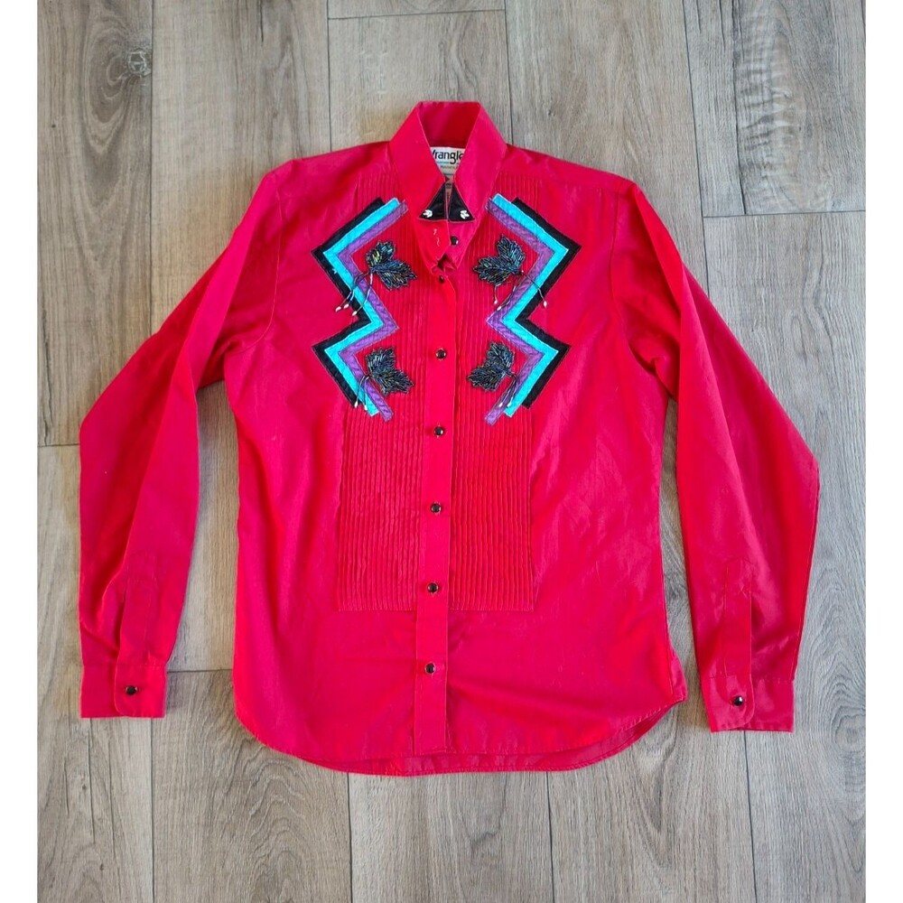 Vintage Wrangler Western Shirt Tuxedo Red Embellished Cowboy Rodeo Size M